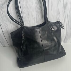 Vintage Y2K Jones New York Black Leather Shoulder Bag Side Pockets 10 x 14